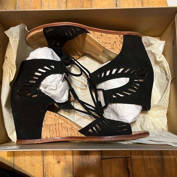 DolceVita Lina Black Suede Cutout Tie Ankle Wedge Sandal - Picture 12 of 12